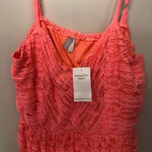 Neon coral sundress with lace overlay!